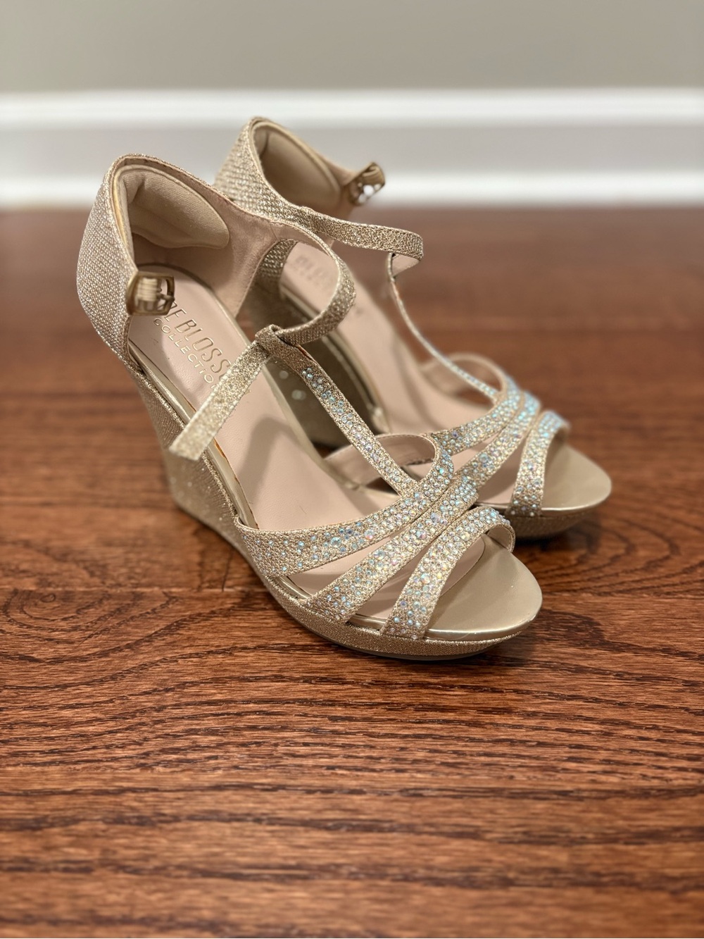 De Blossom Champagne Glitter T-Strap Wedge Sandals